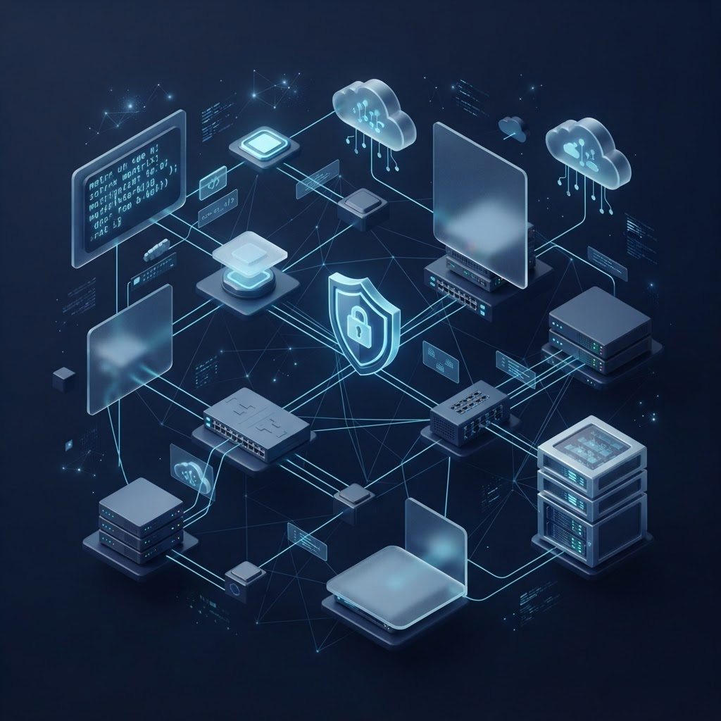 Abstract technology ecosystem connecting software, data, cloud, networks, security and infrastructure